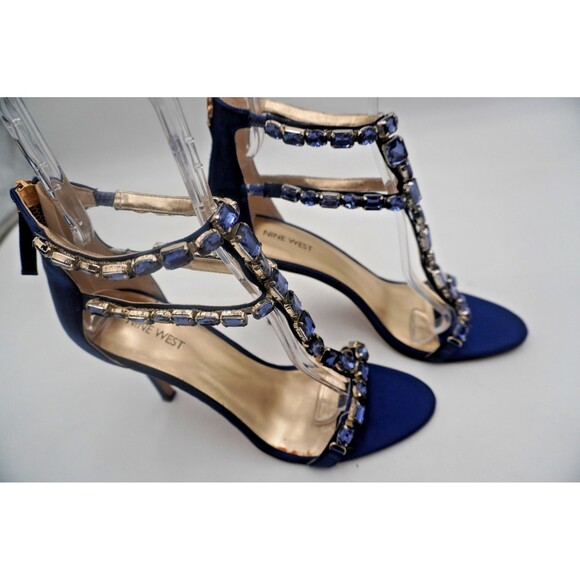 Nine West Navy Blue Satin Crystal Embellished Ankle Strap Evening Stiletto 9.5M - Picture 4 of 8
